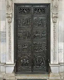 Ornate bronze doors on the east portico of the Senate wing were cast by James T. Ames in 1864–1868, and placed late in 1868.