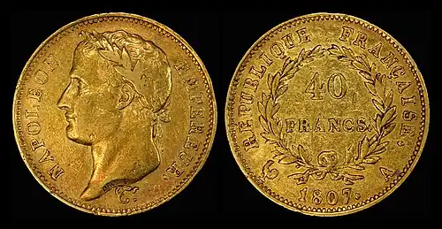 40 gold francs coin of 1806, now depicting Napoleon as Emperor