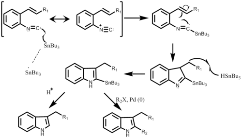 Step-wise mechanism of Fukuyama Indole Synthesis starting with the Isocyano substituent.