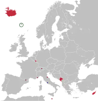 A map of Europe with Andorra, Cyprus, Iceland, Liechtenstein, Luxembourg, Malta, Montenegro, and San Marino highlighted. The Faroe Islands is highlighted in green and Vatican City in blue.