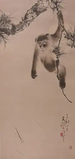 A painting of a monkey hanging from a pine tree
