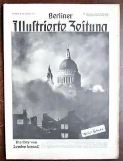 Black and white image of St Paul's Cathedral while London burns