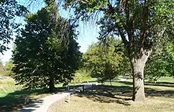 Path winding through large trees set in short-grass park; small signs by trees
