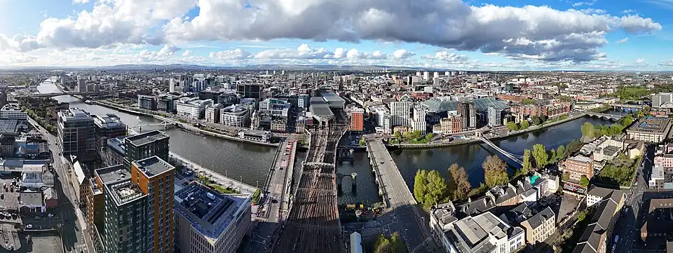 Glasgow aerial photograph panorama taken from Caledonian Railway Bridge, city centre.