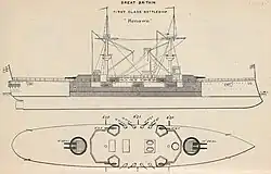 The ship's armament is carried in two large gun turrets, one fore and one aft, with an armored box battery between them