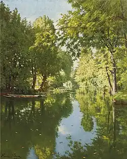 Henri Biva, Punts moored on still waters, oil on canvas, 61 x 50 cm