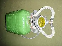 IDA-71 rebreather with breathing hoses and full face mask fitted