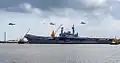 Viraat departs Mumbai under her own power for the last time in July 2016 en route to Kochi.