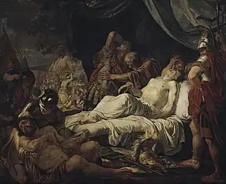 A young man lies on a couch, pale and clearly dying, surrounded by grieving mourners.