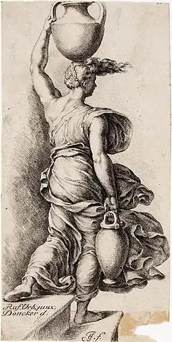 Woman with a jug, copy after a drawing by Pieter Donker, who in turn copied Raphael.