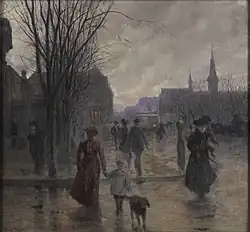 painting of people walking downtown at the turn of the 20th century
