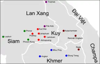 The remaining Kuy city-states, marked as red and grey pogs, after their chief city near Mlou Prey fell to Khmer's Longvek in the 16th century