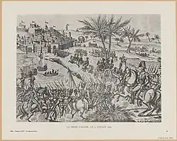 Masses of French troops are spread out marching down a road towards, Algiers a walled city.
