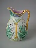 Lear Jug, coloured glazes majolica, c. 1880, lily of the valley pattern