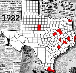 Map of Texas counties with location of lynchings highlighted