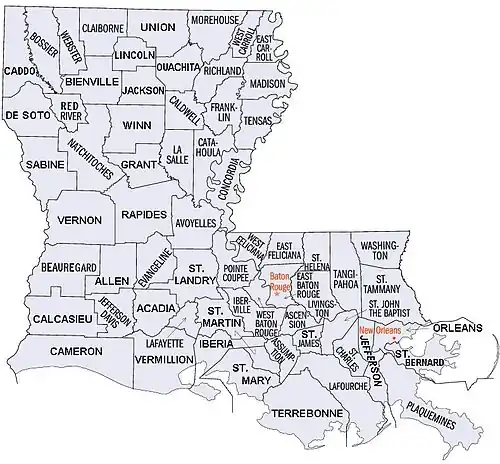 The state of Louisiana divided and labelled by parish.
