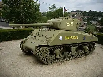 Sherman tank "Champagne", preserved at Ville-sur-Illon, near Dompaire. It was knocked out during the battle - notice hole on right