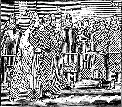Black and white illustration of a man being led across ploughshare during an ordeal