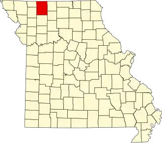 A state map highlighting Harrison County in the northwestern part of the state.