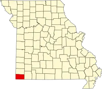 A state map highlighting McDonald County in the southwestern corner of the state.