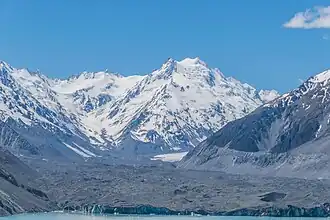 Mount Rudolf (left) and The Minarets (right). Tasman Glacier in the foreground.