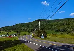 A two-lane paved road winding through countryside from just right of the camera, down the center of the frame, towards a hill covered with green trees under a blue sky with some small clouds in it. On the far side of the road there is a sign with the number 22 on it; below it is a white on blue sign with "Be Prepared to Stop" on it in capital letters. Telephone wires enter the image from top left, connecting to a wooden pole at the center