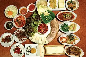 Bossam table with banchan (side dishes)