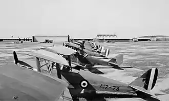 Row of single-engined military biplanes