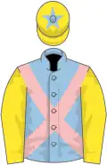 Light blue, pink cross belts, yellow sleeves, yellow cap, light blue star