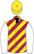 MAROON and YELLOW DIAGONAL STRIPES, white sleeves, yellow cap