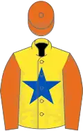 Yellow, royal blue star, orange sleeves and cap