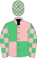 Pink and emerald green quartered, check sleeves and cap