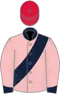 Pink, dark blue sash, collar and cuffs, crimson cap