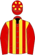 Red and yellow stripes, red sleeves, red cap, yellow diamonds