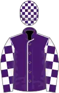 Purple, white seams, checked sleeves and cap