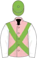 Pink, light green cross belts, white sleeves, light green cap