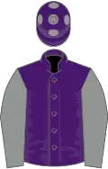Purple, grey sleeves, purple cap, grey spots