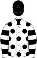 White, black spots, hooped sleeves, black cap