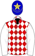 Red and white diamonds, white sleeves, blue cap, yellow star