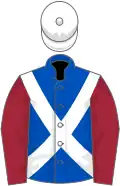 Royal blue, white cross belts, maroon sleeves, white cap