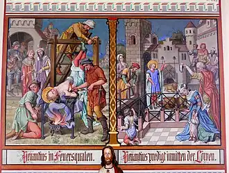 St. Venantius of Camerino is hung upside-down over a fire, and then thrown to the lions.