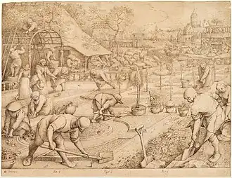 A 1565 Brugel sketch "Spring" although not part of the Months cycle series it could very well be similar to what Bruegel had in mind when he painted "High Spring" {April/May)