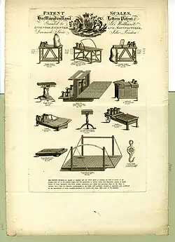 An engraving showing four rows of three scales each.