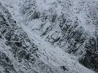 Hikers going up the north face of the Retezat Peak.
