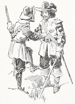 Two men speaking in period-appropriate clothing for 17th century England