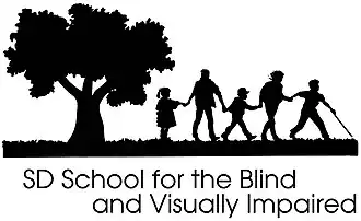 SDSBVI Logo: Silhouette of a group of two adults and three children walking hand in hand away from a big oak tree, led by a child using a long cane.
