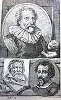 Jacob Houbraken's engraving of Abraham Bloemaert (top) and Adam van Noort (lower left), on page 44 of Part 1 of Arnold Houbraken's Schouburg from 1718