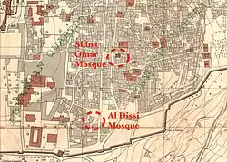 Location of the mosque, between the Armenian and Jewish quarters, in a 1936 Survey of Palestine map