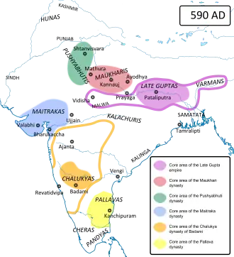 Kingdom of Valabhi under Maitrakas (in blue) and their contemporaries in India in 590 AD