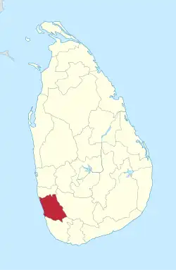 Area map of Kalutara District, extending inwards from the south west by west coast, in the Western Province of Sri Lanka